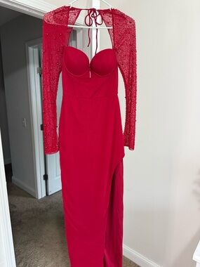 Oh Polly Red Beaded Long Sleeve Maxi Dress